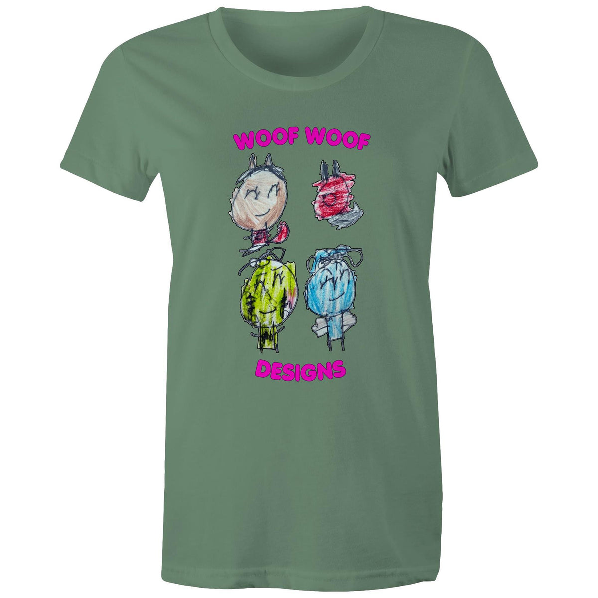 Woof Gang artwork by Sikiraa on women’s as colour maple tee, Sage