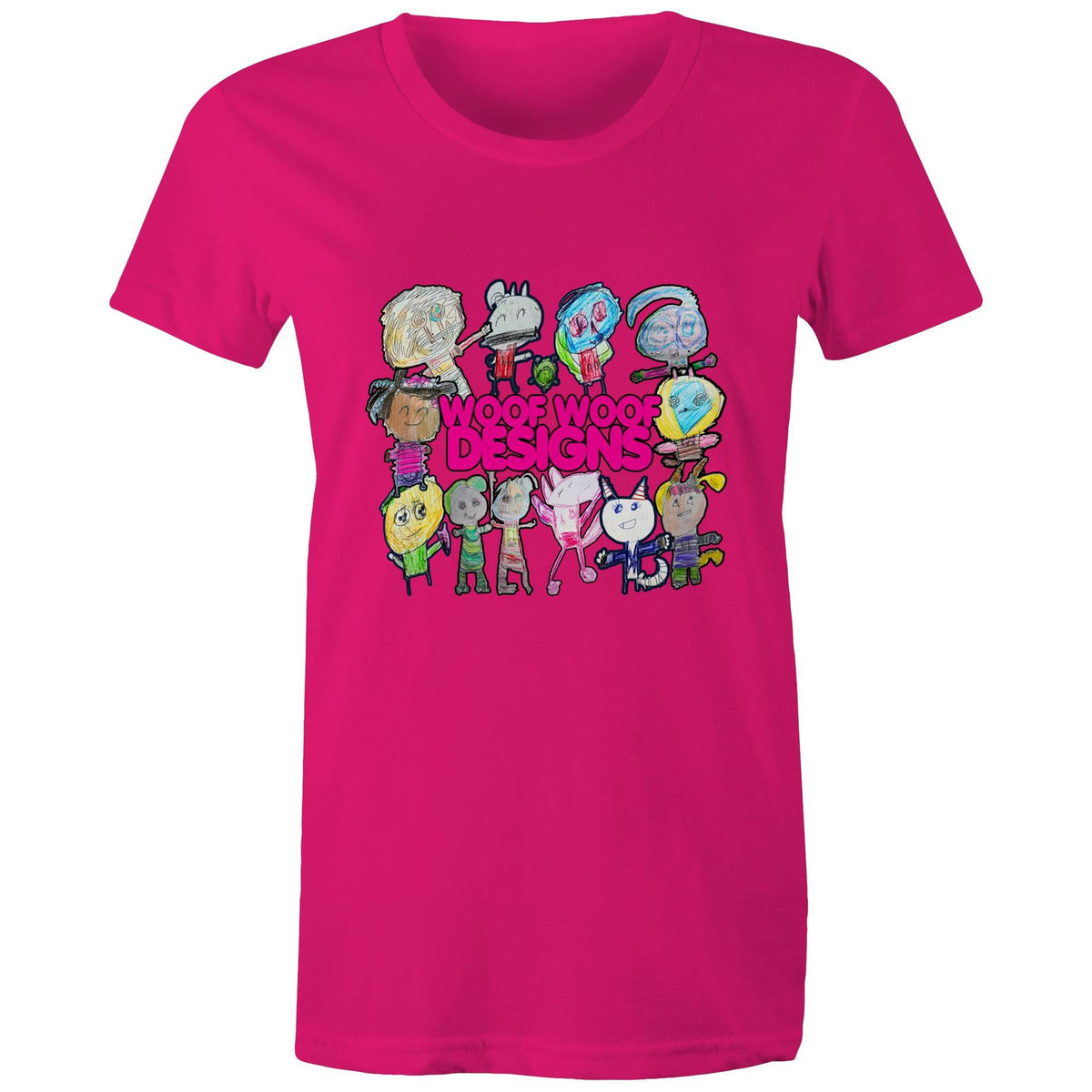 Woof Fam artwork by Sikiraa on women’s as colour maple tee, Fuchsia