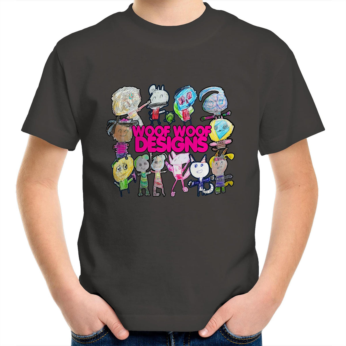 Woof Fam artwork by Sikiraa on as colour kids crew t-shirt, Charcoal