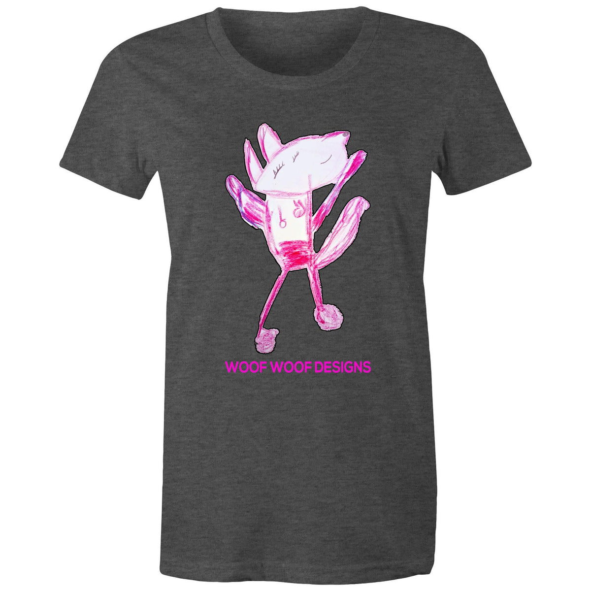 Woof Woof artwork by Sikiraa on women’s as colour maple tee, Asphalt Marle